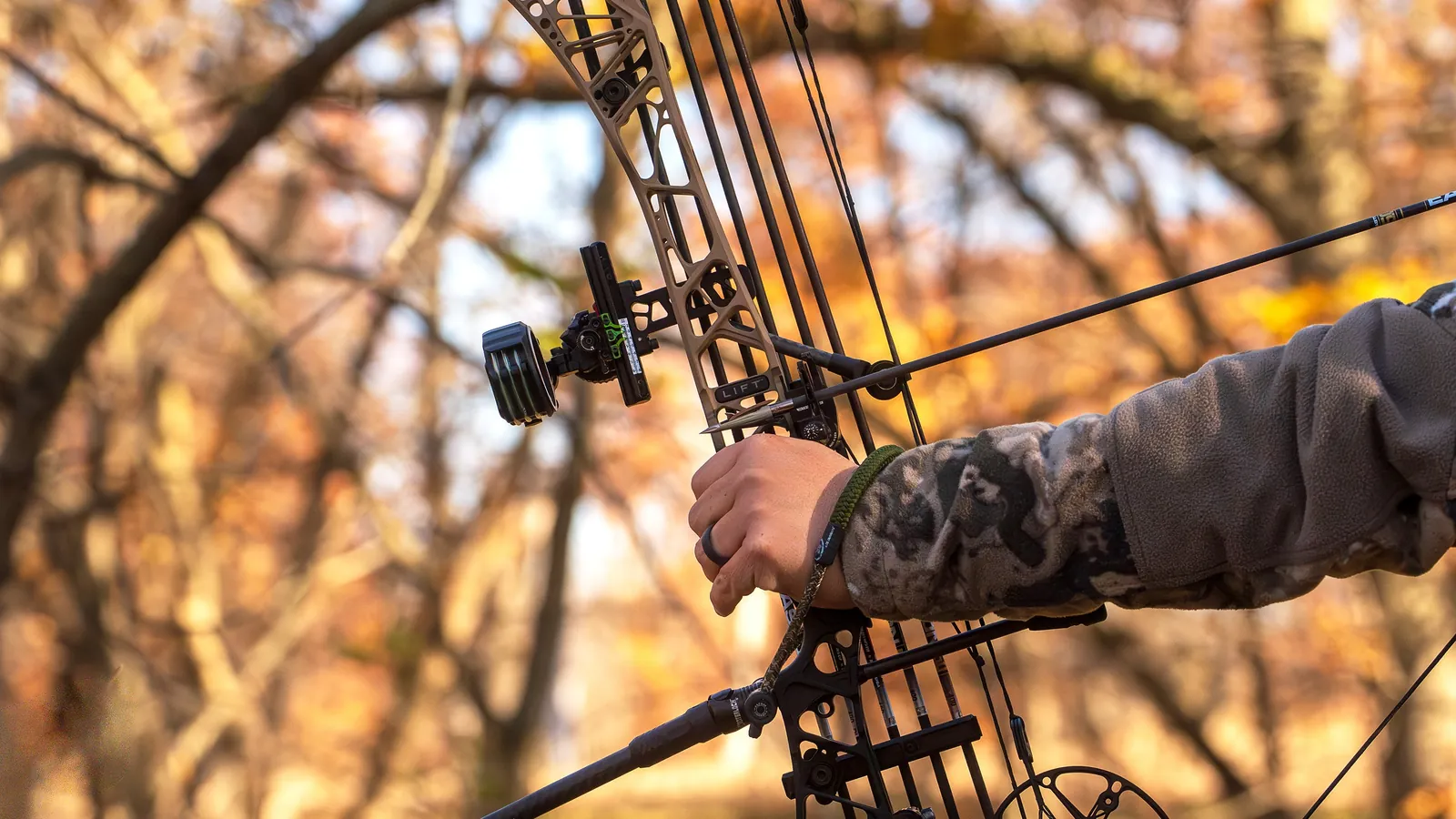 Hand holding a compound bow with a front stabilizer and side bar in autumn woods