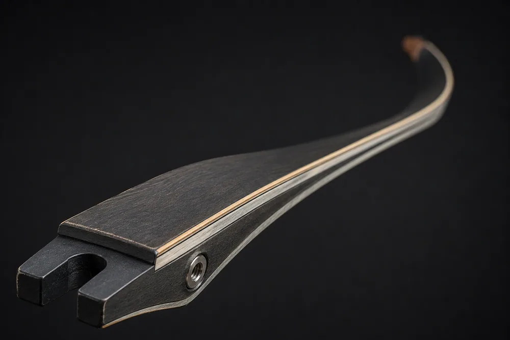 Close-up of a single laminated recurve bow limb showing its curved profile and the limb fitting at the butt end, on a dark studio background.
