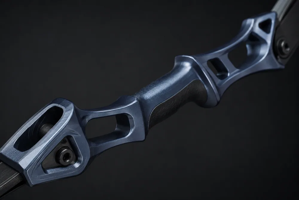 Close-up of a machined aluminium takedown recurve bow riser with a contoured grip and limb pockets, on a dark studio background.