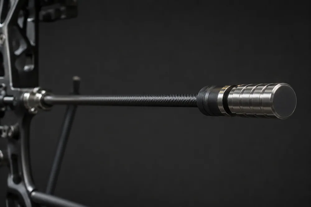 Close-up of a slim carbon front stabilizer rod with an end weight, mounted to the front of a target bow riser, on a dark studio background.